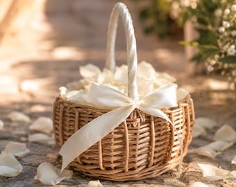 Handwoven Rattan Flower Girl Basket, Wicker Petal Basket with Bow, Rustic Boho Wedding