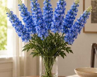 Artificial Blue Delphinium Stem 18", Faux Silk Flower Spray, Realistic Larkspur Stem, Wedding Home Decor Floral Filler