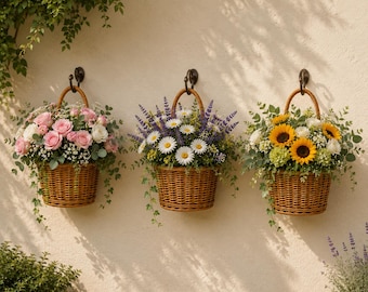 Handwoven Rattan Hanging Plant Basket, Boho Farmhouse Wall Decor Handle