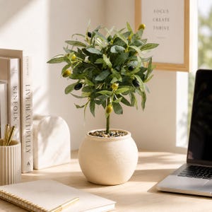 Realistic Artificial Olive Tree Plant, Tan Ceramic Vase, 15 Inch Indoor Decor