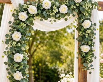 Artificial Eucalyptus Garland with White Roses, 180cm Wedding Table Runner, Greenery Vine Decor