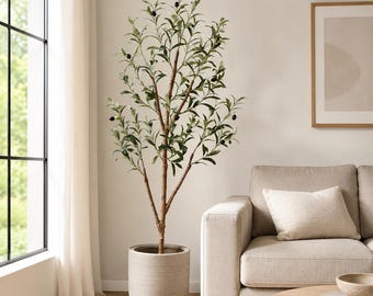 4ft Artificial Olive Tree | Realistic Natural Wood Trunk, Silk Leaves, Faux Fruit Home Decor