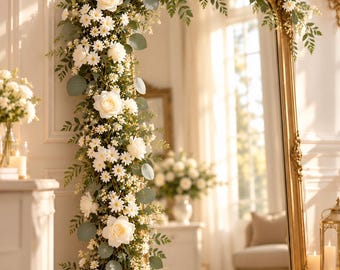 180cm White Rose Eucalyptus Garland, Wedding Arch Decor, Silk Flower Vine