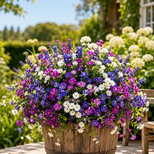 May include: A large wooden barrel planter overflowing with a dense arrangement of vibrant flowers in shades of purple, blue, and white. The display features numerous small daisy-like blossoms and tall, slender spikes of purple and blue flowers.