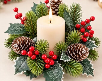 Christmas Candle Ring Wreath, Pinecone Berry Garland, Holiday Table Centerpiece