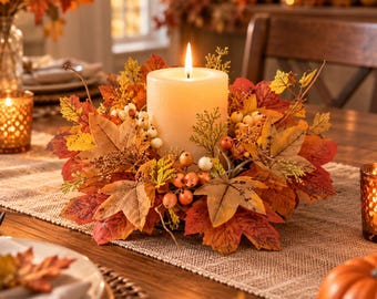 Autumn Maple Leaf Candle Wreath, Thanksgiving Centerpiece, 25cm Harvest Decor