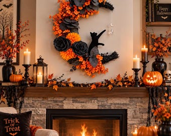 Gothic Moon Wreath, Black Cat, Orange Roses, Halloween Door Decor