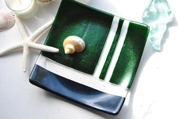 Sparkly Glass Dish/Plate (Green and Navy Blue)