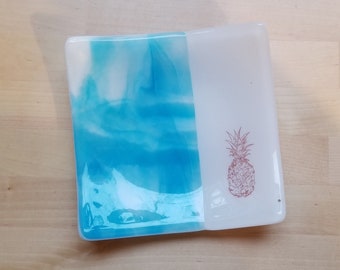Pineapple Glass Dish/Plate (Teal and White)