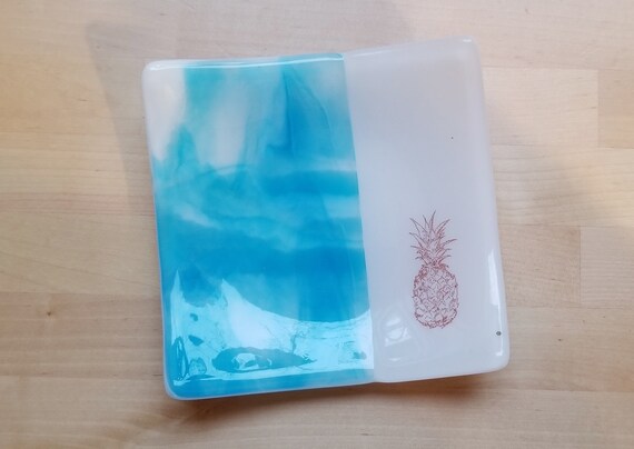 Pineapple Glass Dish/Plate (Teal and White)