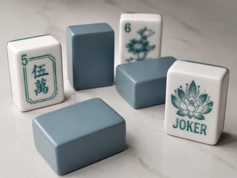160 Piece American Mahjong Set – Slate Blue & White Acrylic – Luxury Lotus Joker Mahjongg Tiles – Full Set image 4