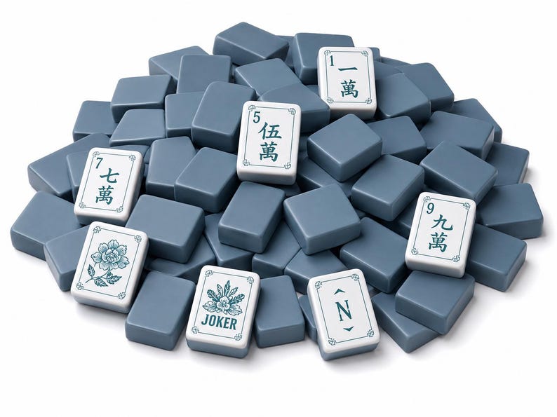 May include: A large pile of rectangular mahjong tiles with a smooth, slate-blue finish. Several tiles are face-up, displaying white surfaces with green Chinese characters, a floral illustration, the word JOKER, and the letter N with arrows.