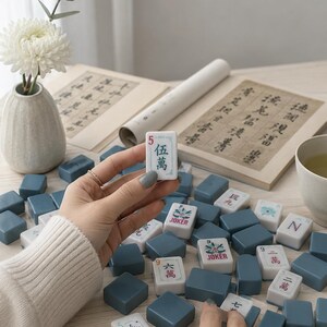 May include: A set of Mahjong tiles featuring white faces with black and red Chinese characters, floral designs, and the word JOKER, alongside solid blue-grey tiles. One white tile with the number 5 and Chinese characters is held up.