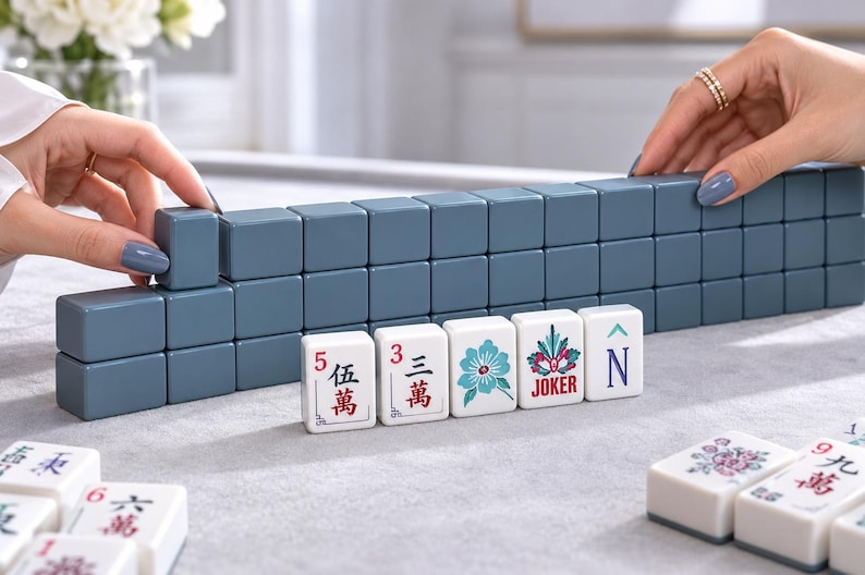 May include: A set of mahjong tiles featuring a row of solid slate blue tiles and a front row of white tiles with colorful printed designs including Chinese characters, a blue flower, a red and green joker symbol, and the letter N.