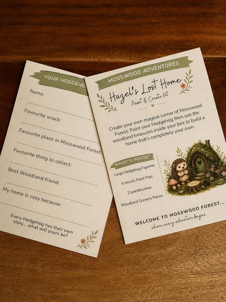 Może przedstawiać: Dwie białe papierowe karty do zestawu Mosswood Adventures Hazel's Lost Home Paint & Create Kit. Jedna karta zawiera ilustrację jeża i listę zawartości, druga to formularz z polami na imię, ulubioną przekąskę oraz szczeg&oacute;ły dotyczące domu.