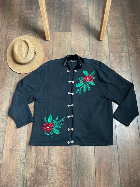 Vintage Christmas Cardigan Sweater, Poinsettia Cardigan, Poinsettia Christmas Sweater, 90s Christmas Cardigan, Poinsettia Christmas Cardigan