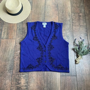 Vintage Black Beaded Sweater Vest, Vintage Beaded Sweater Vest, Wool Sweater Vest, Purple Beaded Sweater Vest, 90s Koret Sweater Vest