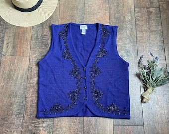 Vintage Purple Beaded Sweater Vest, Vintage Beaded Sweater Vest, Wool Sweater Vest,  90s Koret Sweater Vest - Size Medium