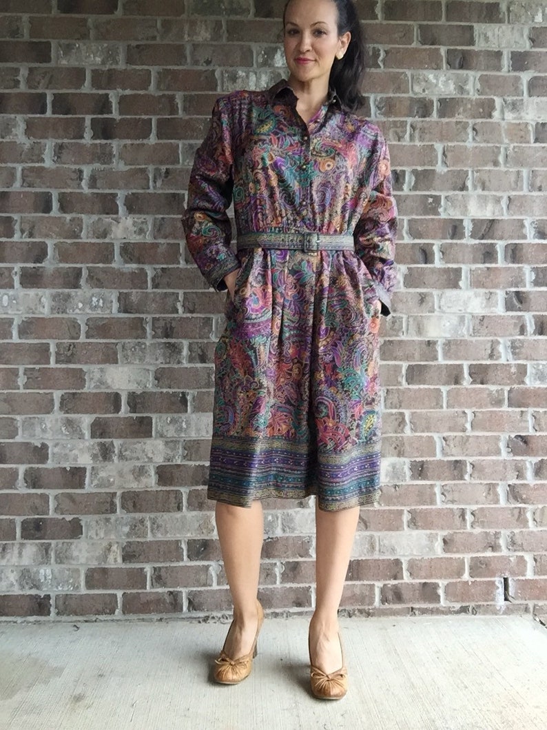 Retro Paisley Dress Vintage Paisley Dress Vintage Petrina paisly dress belted collared Paisly Dress