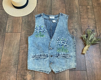 Floral Denim Vest, Painted Floral Denim Vest, Jesse Spano Vest, Wanda Vision, Vintage Vest,90s Floral Jean Vest, Step by Step, DJ Tanner