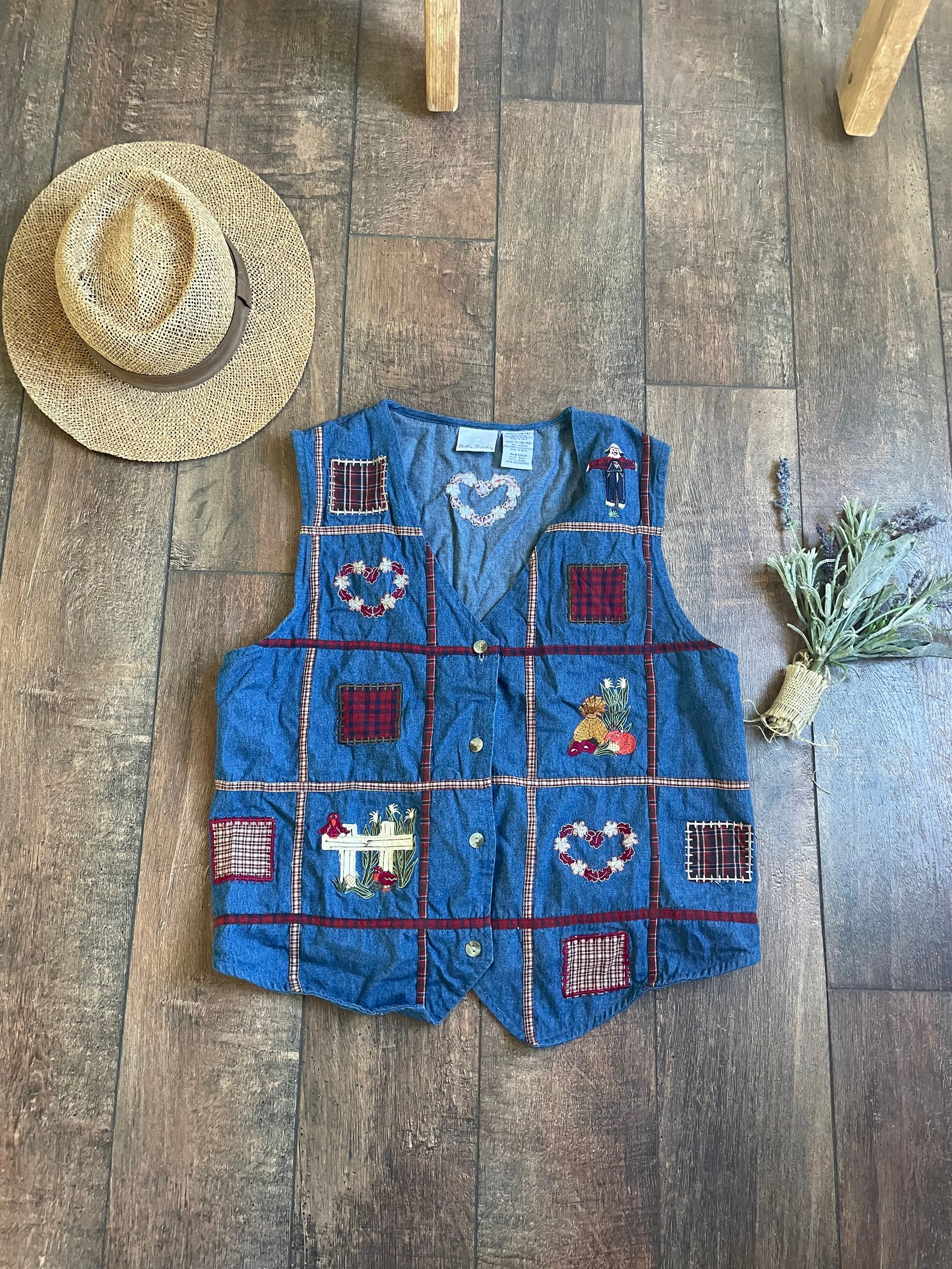 Vintage 90s Autumn Denim Vest, Scarecrow Denim Vest, Pumpkin