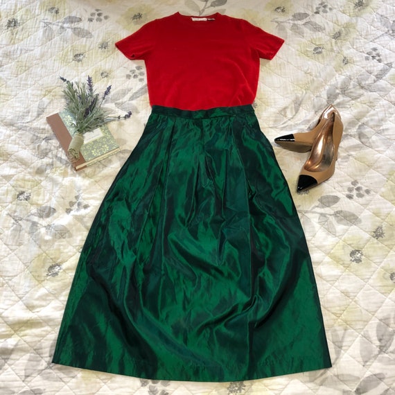Green Taffeta Midi Skirt, Vintage Green Taffeta Mi