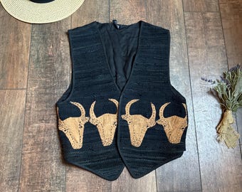 Vintage Black Leather Steer Vest, Vintage Leather Vest, Cattle Vest,90s Adventurer Vest,Vintage Suede Vest,90s Long Horn Cattle Vest LARGE