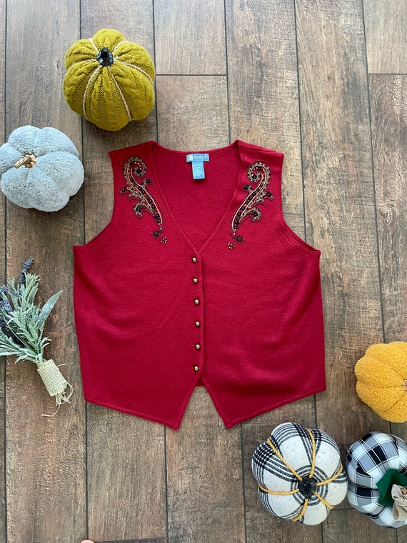 Vintage 90s Embroidered Harvest Red Sweater Vest, 90s Vintage