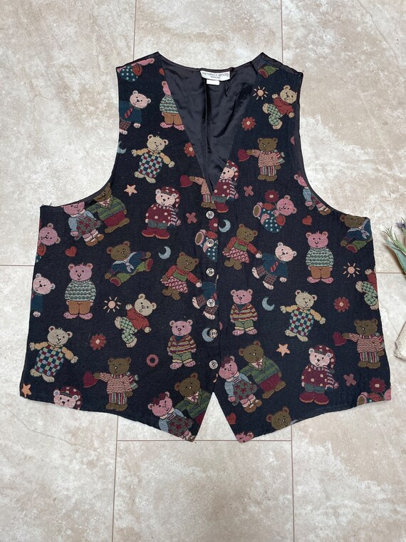 Vintage 90s Teddy Bear Vest, Brocade Teddy Bear V… - image 2