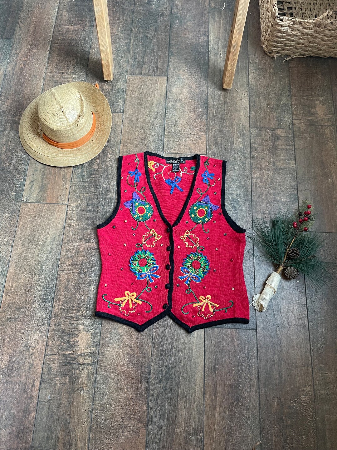 Vintage Christmas Sweater Vest Christmas Wreaths Sweater Etsy