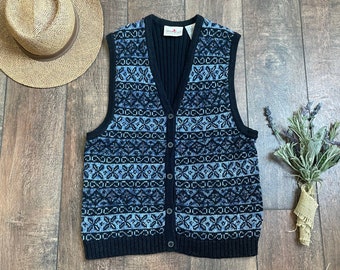 Vintage 90s Beaded Sweater Vest, 90s Vintage Blue Sweater Vest, Crazy Horse Liz Claiborne Sweater Vest,Norwegian Sweater Vest, 90s mom