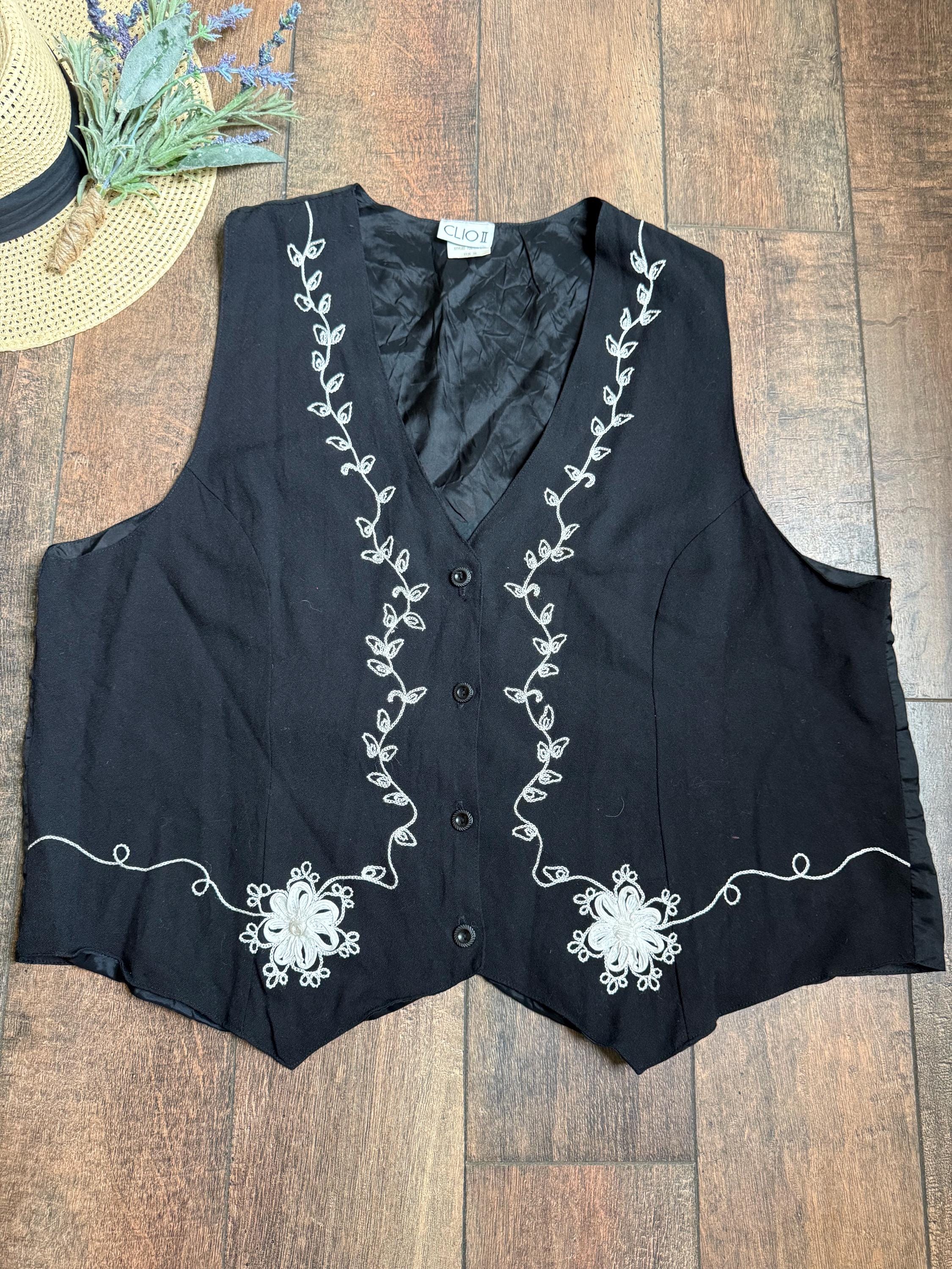 90s Embroidered Floral Vest: Black Rayon Wool Blend, Size 2X - Etsy