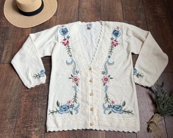 Vintage Spring Floral Cardigan, Vintage Floral Cardigan, Vintage Koret Sweater, Spring Sweater, Lacey Cardigan, Embroidered Floral Sweater