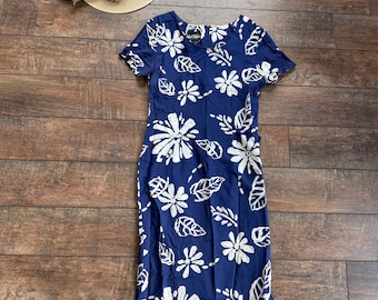 Vintage Blue Floral Dress - Modest Vintage Dress - Vintage Beach Dress - Made in USA - Size 10 - Side Buttons Dress - 90s Dress - Vacation