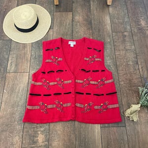 Vintage 90s Christmas Sweater Vest, Vintage 90s Cute Christmas Sweater Vest, Vintage Christmas Sweater Vest, 90s Red Christmas Sweater