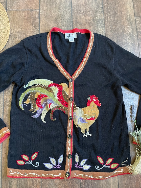 Vintage 90s Rooster Cardigan Sweater, 90s Country… - image 2