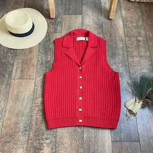 Vintage Cable Knit Sweater Vest, Vintage Mona Lisa Smile Sweater Vest, Red Sweater Vest, Warm Knit Sweater Vest, 90s Button up Sweater Vest