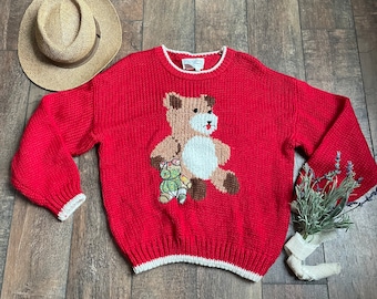 Vintage Bear Sweater, 90s Teddy Bear Sweater, Vintage 90s Bear Sweater, Cute 90s Sweater, Teddy Bear Sweater, 90s Red Bear Sweater