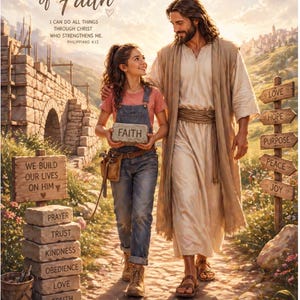 Op de afbeelding: Inspirerende afbeelding met de tekst 'Builder of Faith'. Een persoon loopt met een figuur, met een steen met 'FAITH'. Een bord leest 'We Build Our Lives On Him'. Andere borden wijzen op 'LOVE', 'HOPE', 'PURPOSE', 'PEACE' en 'JOY'.