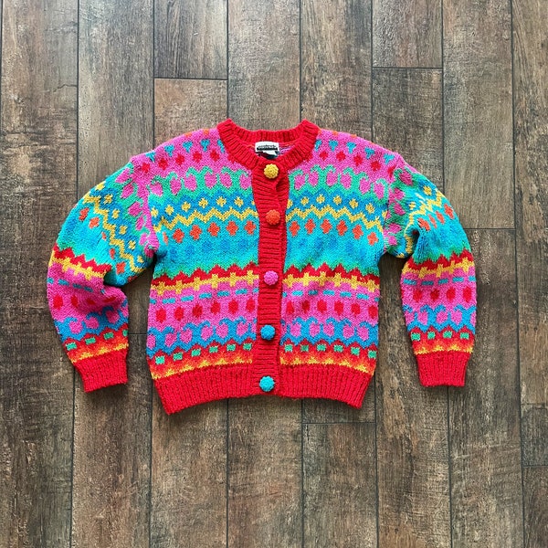 Vintage 90s Bright Knit Cardigan Sweater, Clarissa Explains it All Sweater, Bright Mod Cardigan Sweater,Knit Sweater with Large Knit Buttons