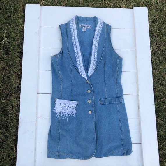 90s vintage Long Denim Lace Fringe Vest, Vintage R