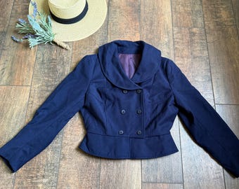 Vintage Bright Blue Wool Cropped Jacket, Vintage 70s  Wool Jacket, That 70s Show Jacket,60s/70s Plaid Wool Jacket, Size Small