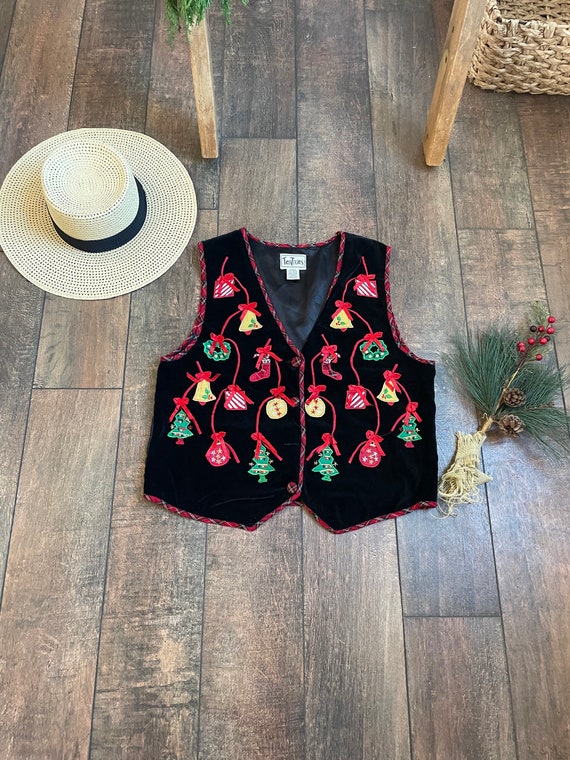 Vintage Velvet Christmas Vest, 90s Christmas Tree 