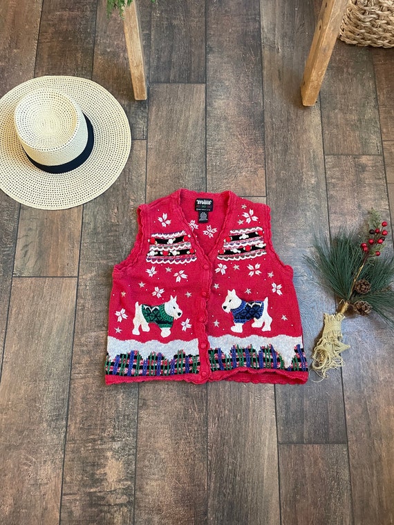 Vintage Y2K Christmas Puppies Sweater Vest, Vintag