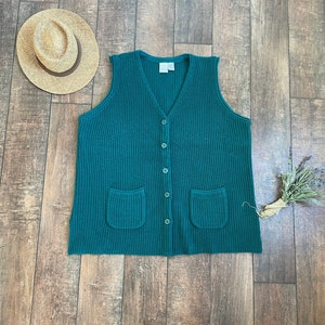 Vintage Knit Sweater Vest, Vintage Sweater Vest with Pockets, Green Sweater Vest,Warm Knit Sweater Vest, 90s Button up Sweater Vest