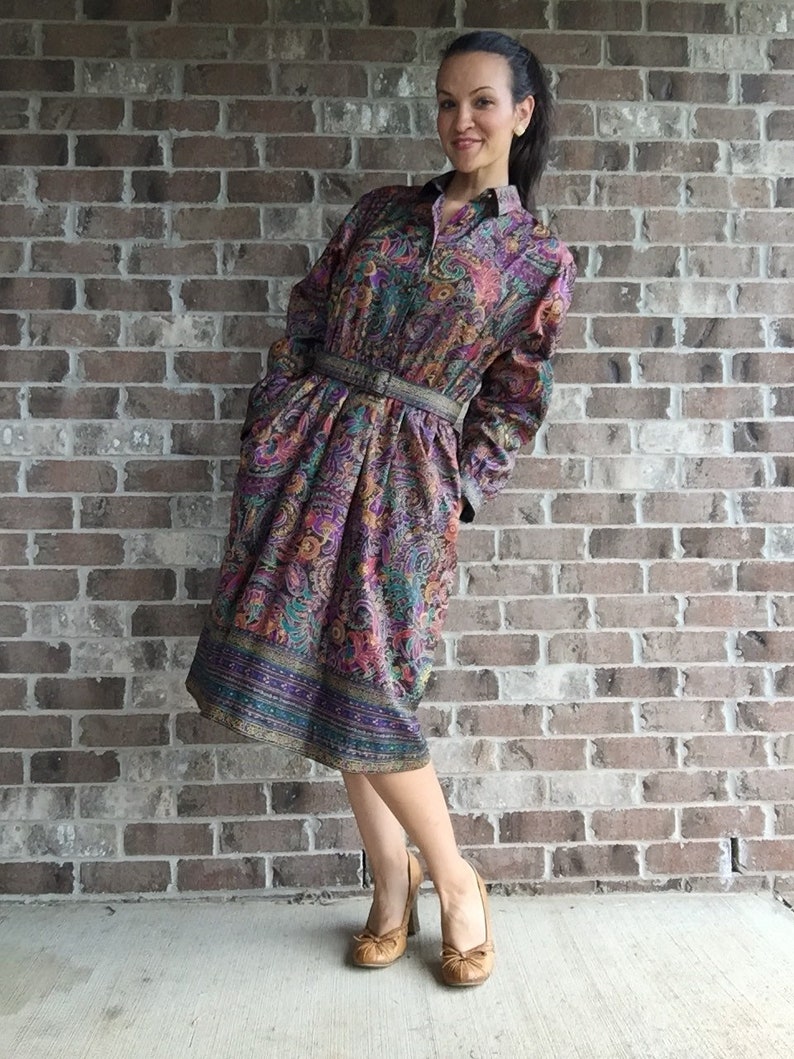 Retro Paisley Dress Vintage Paisley Dress Vintage Petrina paisly dress belted collared Paisly Dress