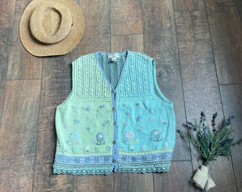 Vintage Spring Sweater Vest, Vintage Embroidered Sweater Vest,Easter Sweater Vest, Embroidered Floral Sweater Vest,90s Floral Sweater Vest