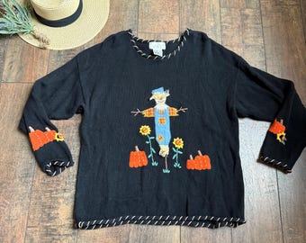Vintage 90s Autum Sweater, Scarecrow Sweater, Fall Pumpkin Sweater, Autumn Leaves Sweater, 90s Harvest Pumpkin Sweater - XL