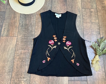 Vintage 90s Vest, Vintage 90s Black Embroidered Vest, 90s Monica