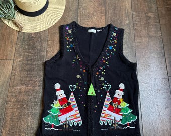 Vintage Christmas Sweater Vest, 90s Santa Sweater Vest, Y2K Santa Santa Sweater Vest, Fun Santa Sweater Vest - SMALL